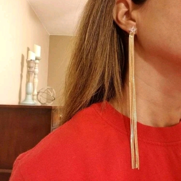 💖 2/$30 Shooting Star rhinestone boho stud long gold tone tassel drop earrings - Picture 11 of 17